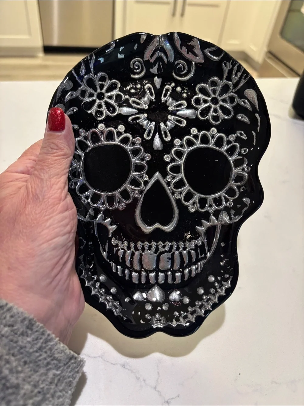 Black Sugar Skull Decorative Dish with Silver Accents